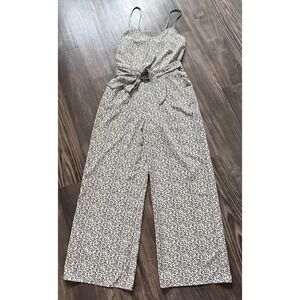 Potters Pot Womens Floral Wide Leg Jumpsuit Cream Black Tie Waist Medium